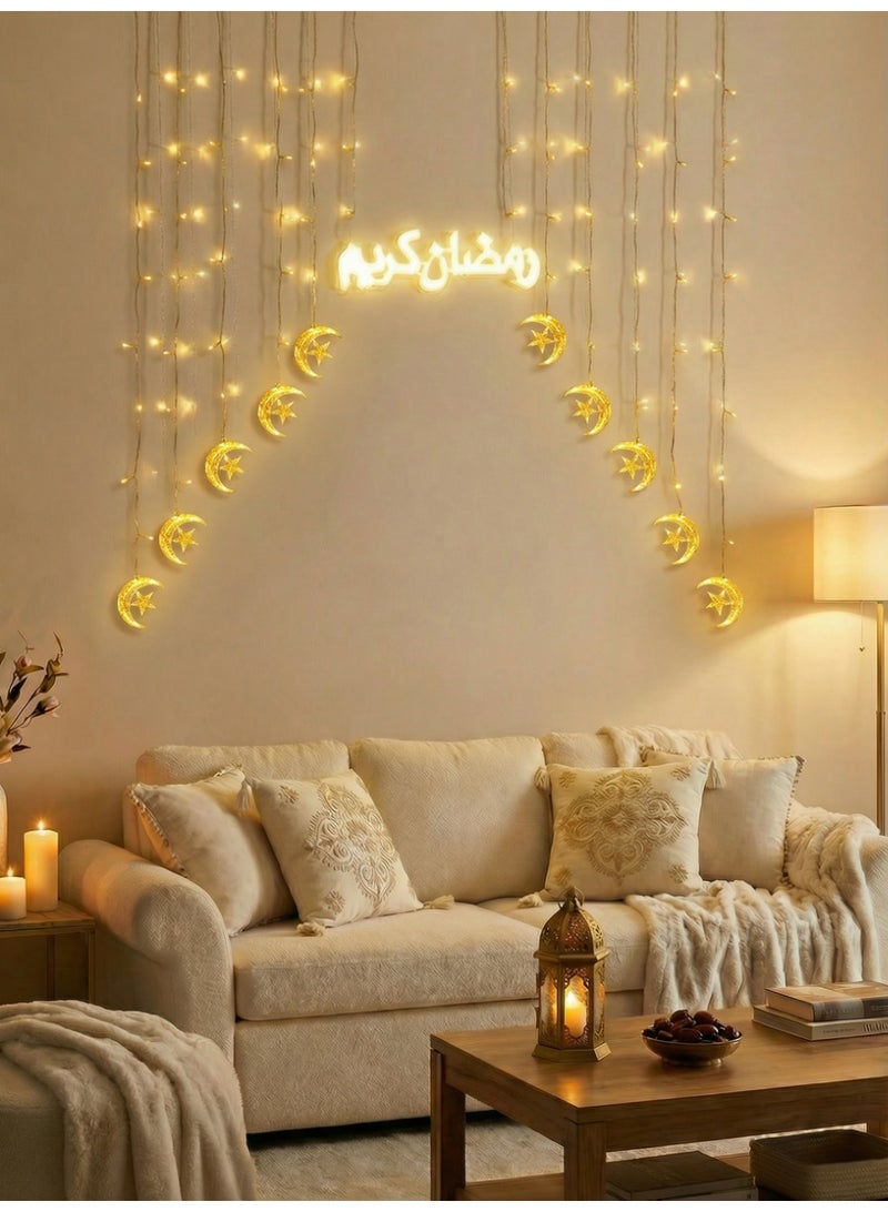 ستارة أضواء رمضان كريم - نجوم وأهلة LED مضيئة لتزيين المنزل 3 متر